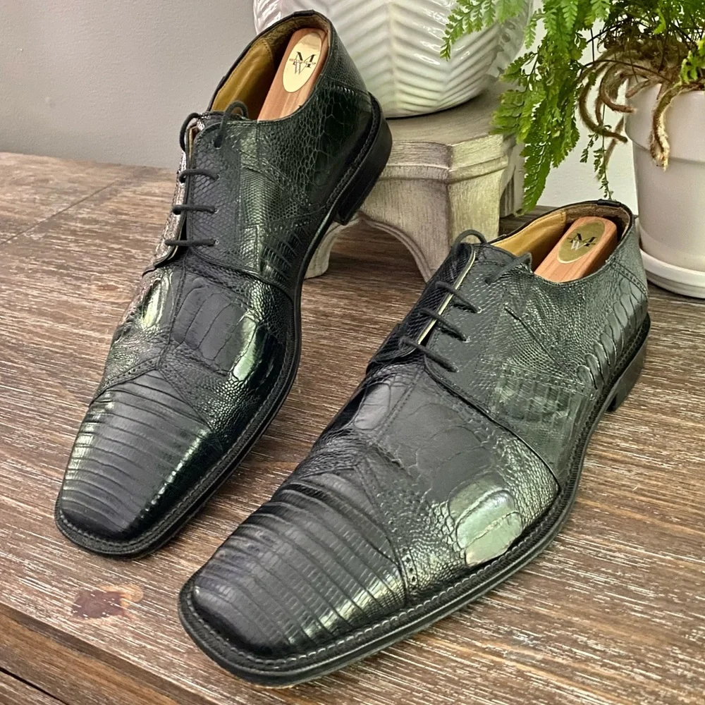 Vtg Exotic Teju Lizard Ostrich Skin David Eden Mens 11 Oxfords Dress Shoes Black